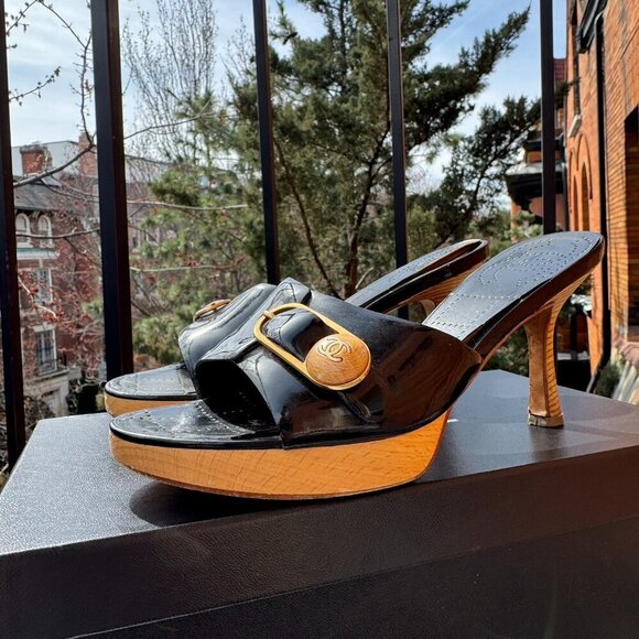 CHANEL Sandals Mules Heeled Shoes Platform Black Buckle CC Logo Box EUR 36.5 - Picture 14 of 16